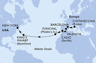 17 Night Transatlantic Cruise On MSC Seascape Departing From Civitavecchia Rome itinerary map