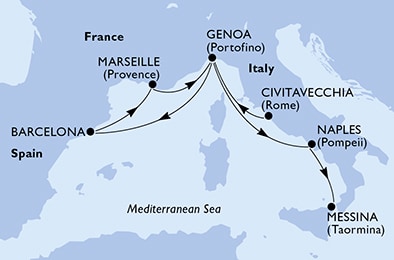 7 Night Mediterranean Cruise On MSC World Europa Departing From Civitavecchia Rome itinerary map