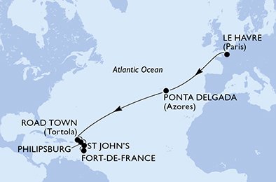 14 Night Transatlantic Cruise On MSC Virtuosa Departing From Le Havre itinerary map