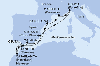 10 Night Mediterranean Cruise On MSC Lirica Departing From Barcelona itinerary map
