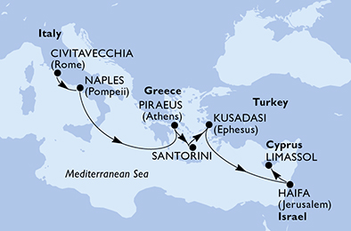 8 Night Eastern Mediterranean Cruise On MSC Musica Departing From Civitavecchia Rome itinerary map