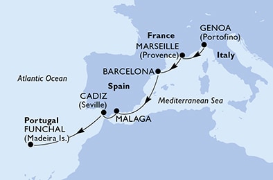 7 Night Repositioning Cruise On MSC Lirica Departing From Genoa itinerary map