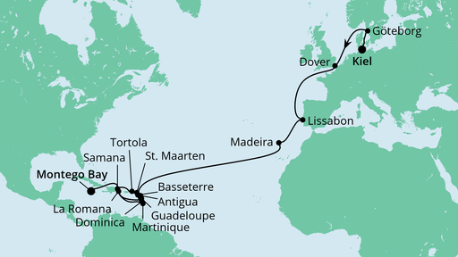 27 Night Transatlantic Cruise On AIDAluna Departing From Kiel itinerary map
