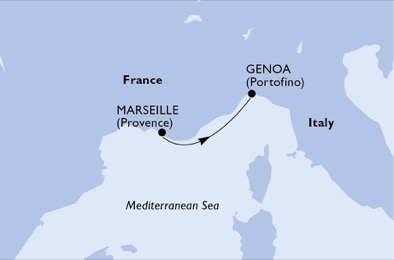 1 Night Mediterranean Cruise on MSC World Europa Departing Marseille itinerary map