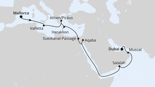 19 Night Repositioning Cruise On AIDAbella Departing From Palma de Mallorca itinerary map