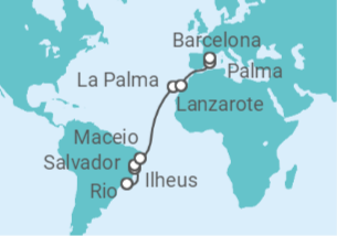 16 Night Transatlantic Cruise On MSC Seaview Departing From Rio De Janeiro itinerary map
