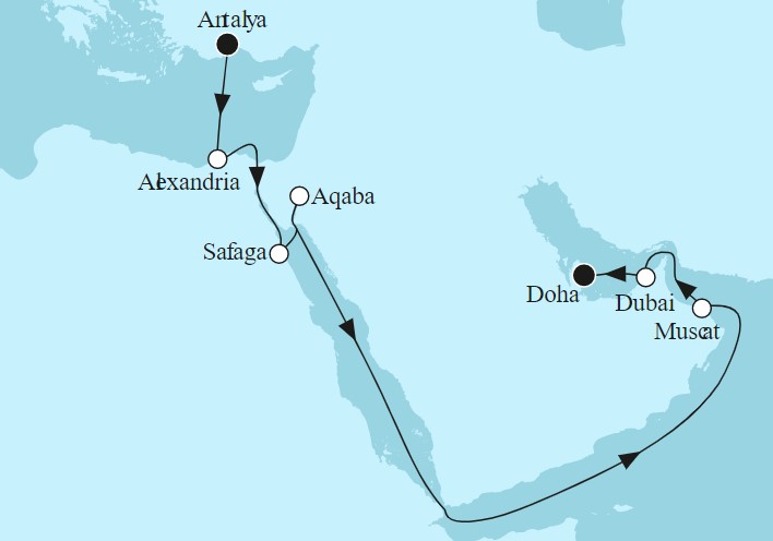 17 Night Repositioning Cruise On Mein Schiff 6 Departing From Antalya itinerary map