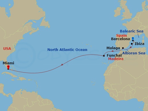 14 Night Transatlantic Cruise On Valiant Lady Departing From Barcelona itinerary map