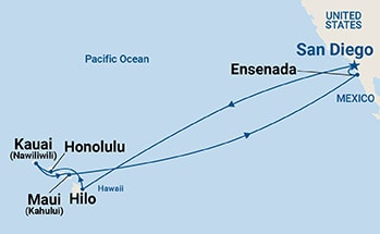 16 Night Hawaii Cruise On Diamond Princess Departing From San Diego itinerary map