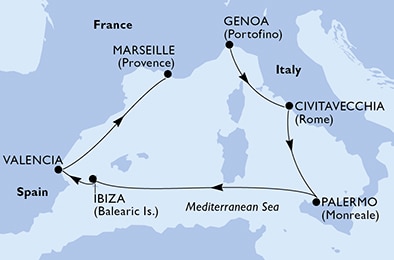 6 Night Mediterranean Cruise On MSC Seashore Departing From Genoa itinerary map