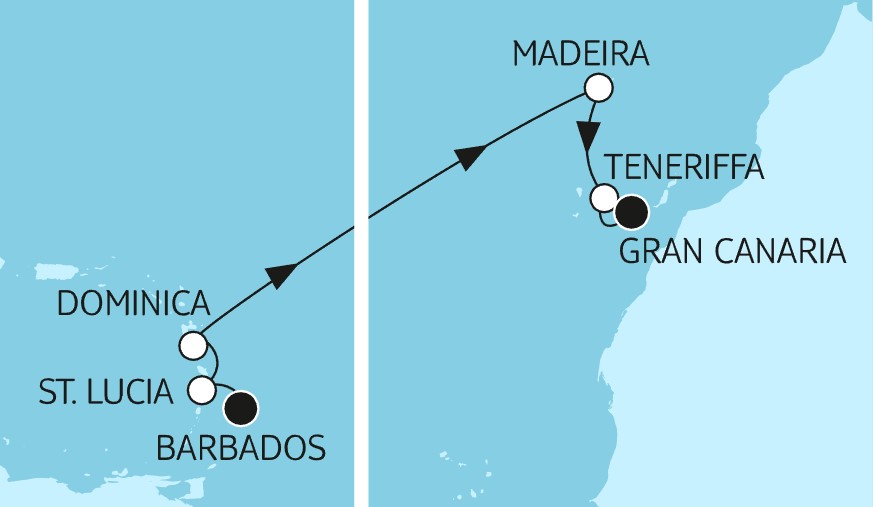 13 Night Transatlantic Cruise On Mein Schiff 2 Departing From Bridgetown Barbados itinerary map