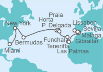 21 Night Transatlantic Cruise On Norwegian Sun Departing From Miami itinerary map