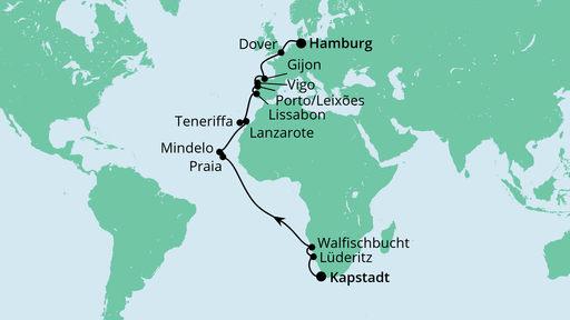 27 Night Repositioning Cruise On AIDAaura Departing From Cape Town itinerary map