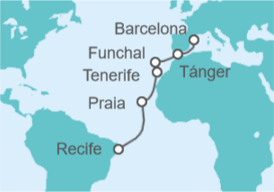 13 Night Transatlantic Cruise On Costa Pacifica Departing From Barcelona itinerary map