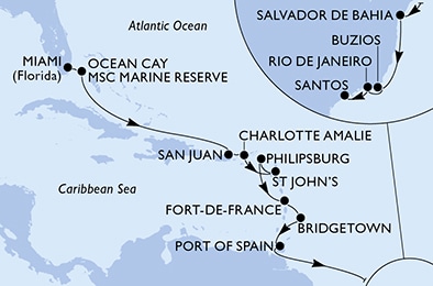 20 Night Repositioning Cruise on MSC Seashore Departing Miami itinerary map