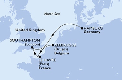 4 Night Northern Europe Cruise On MSC Virtuosa Departing From Zeebrugge itinerary map