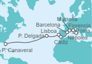16 Night Transatlantic Cruise On Norwegian Epic Departing From Civitavecchia Rome itinerary map