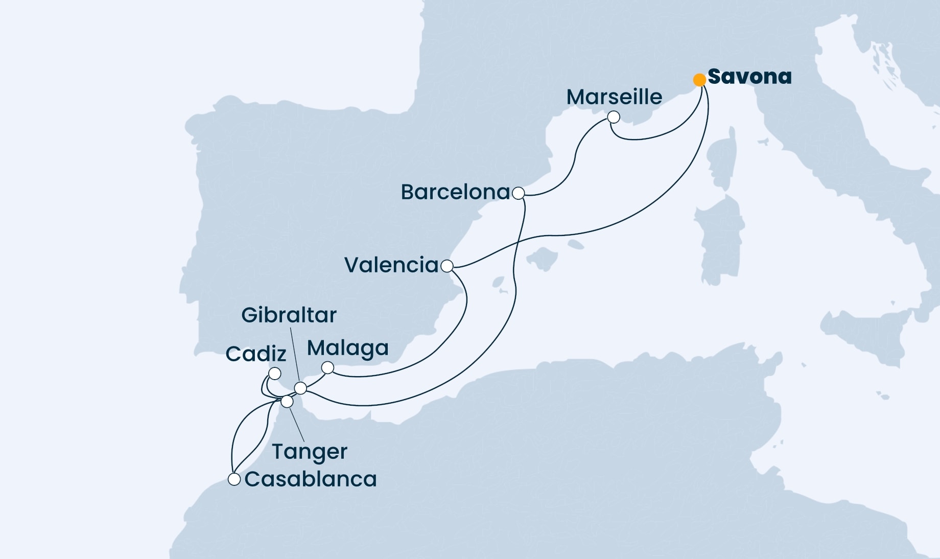 11 Night Mediterranean Cruise On Costa Favolosa Departing From Savona itinerary map