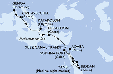 12 Night Repositioning Cruise On MSC Splendida Departing From Genoa itinerary map