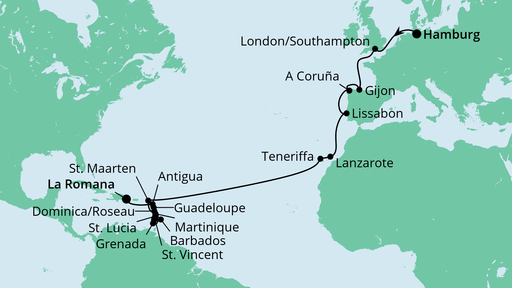 27 Night Transatlantic Cruise On AIDAperla Departing From Hamburg itinerary map