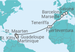 16 Night Transatlantic Cruise On Costa Fortuna Departing From Savona itinerary map