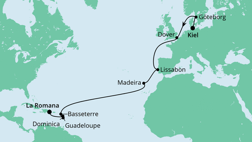 19 Night Transatlantic Cruise On AIDAluna Departing From Kiel itinerary map