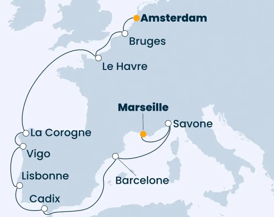 11 Night Repositioning Cruise On Costa Favolosa Departing From Amsterdam itinerary map