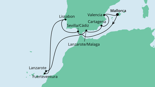 12 Night Canary Islands Cruise On AIDAstella Departing From Palma de Mallorca itinerary map