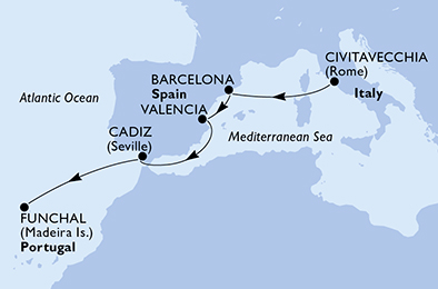 7 Night Repositioning Cruise On MSC Seascape Departing From Civitavecchia Rome itinerary map