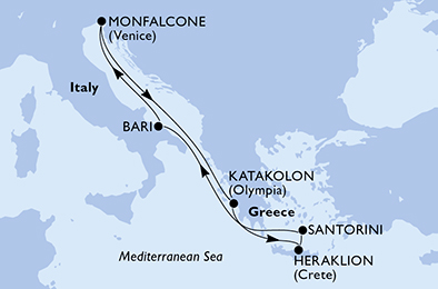 7 Night Mediterranean Cruise On MSC Musica Departing From Bari itinerary map