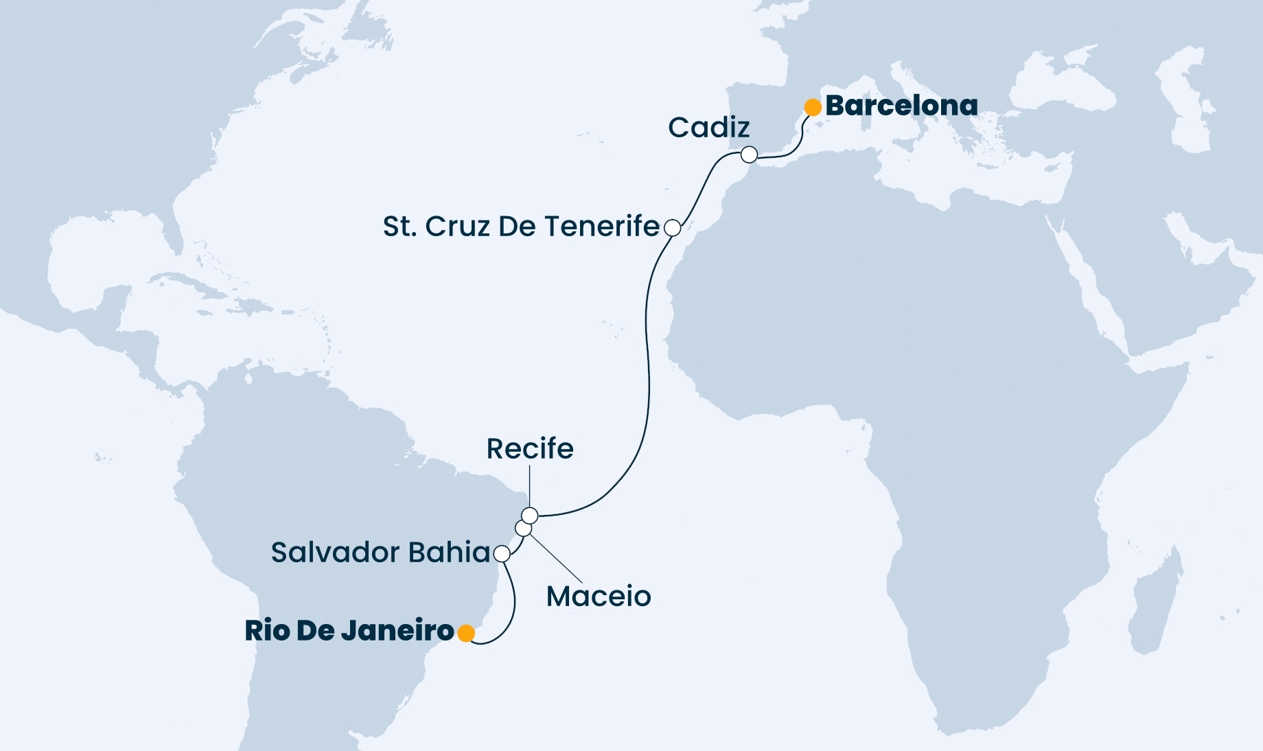 14 Night Transatlantic Cruise On Costa Favolosa Departing From Rio De Janeiro itinerary map