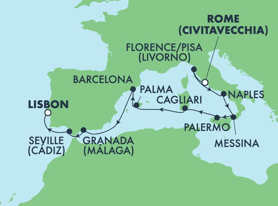 11 Night Mediterranean Cruise On Norwegian Epic Departing From Civitavecchia Rome itinerary map