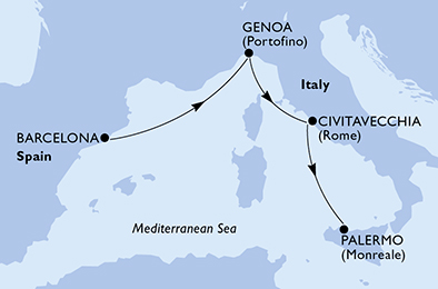 3 Night Mediterranean Cruise On MSC Grandiosa Departing From Barcelona itinerary map