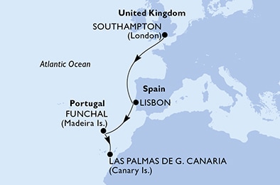 6 Night Canary Islands Cruise On MSC Virtuosa Departing From Southampton itinerary map