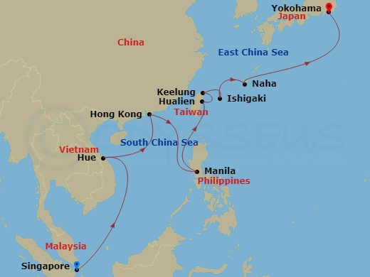 16 Night Asia Cruise On Queen Elizabeth Departing From Singapore itinerary map