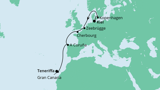 11 Night Repositioning Cruise On AIDAnova Departing From Kiel itinerary map