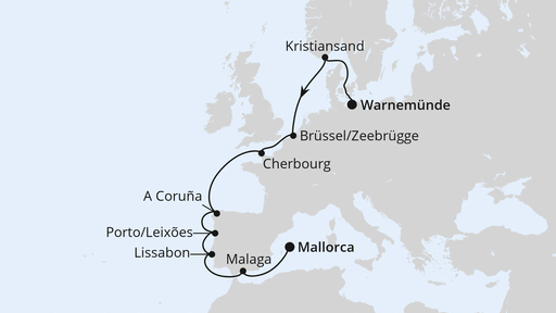 13 Night Repositioning Cruise On AIDAdiva Departing From Warnemunde itinerary map