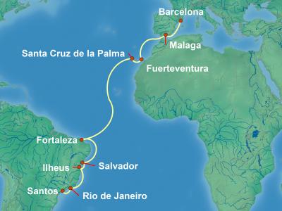 17 Night Transatlantic Cruise On MSC Seaview Departing From Santos itinerary map