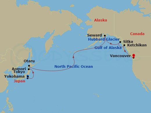 15 Night Transpacific Cruise On Queen Elizabeth Departing From Yokohama Tokyo itinerary map