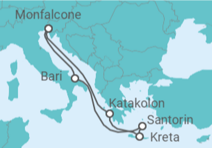 7 Night Greek Islands Cruise On MSC Musica Departing From Monfalcone itinerary map