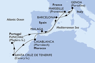11 Night Canary Islands Cruise On MSC Divina Departing From Genoa itinerary map