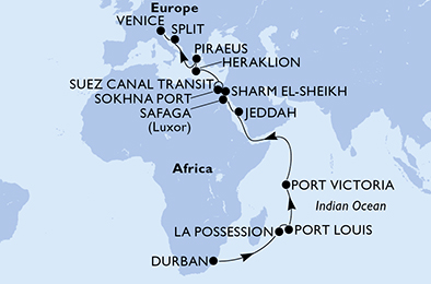 27 Night Repositioning Cruise On MSC Sinfonia Departing From Durban itinerary map