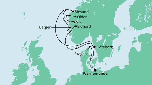 10 Night Norwegian Fjords Cruise On AIDAmar Departing From Warnemunde itinerary map
