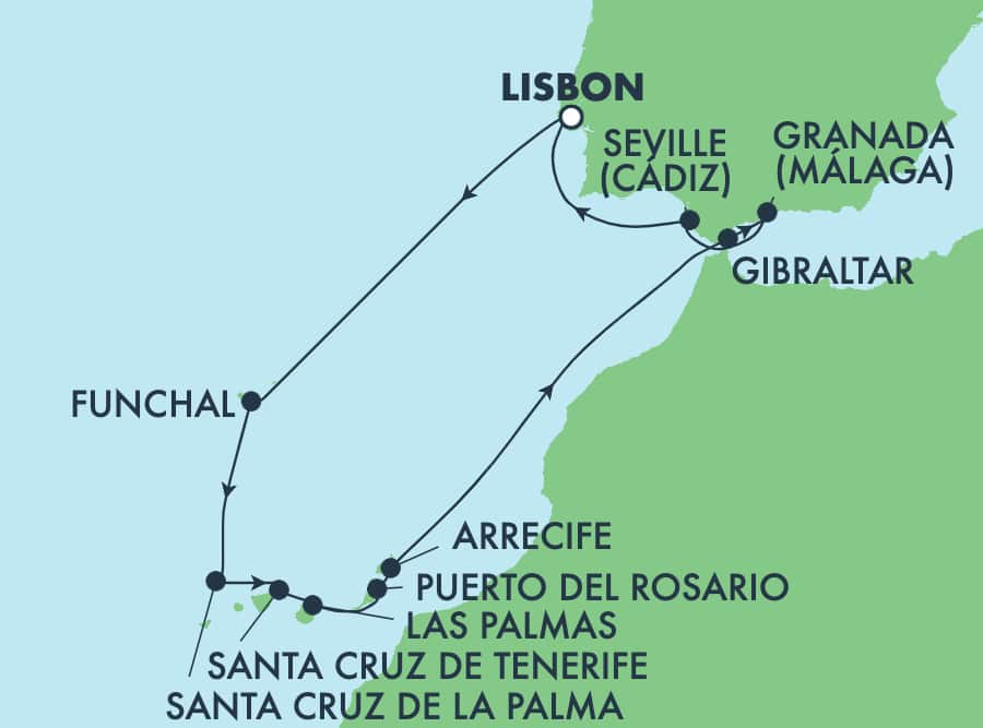 14 Night Canary Islands Cruise On Norwegian Sun Departing From Lisbon itinerary map