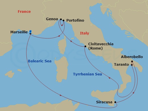 7 Night Mediterranean Cruise On MSC Splendida Departing From Marseille itinerary map