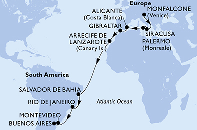 21 Night Transatlantic Cruise On MSC Musica Departing From Monfalcone itinerary map