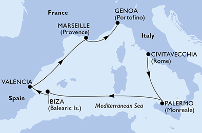 6 Night Mediterranean Cruise On MSC Seaside Departing From Civitavecchia Rome itinerary map