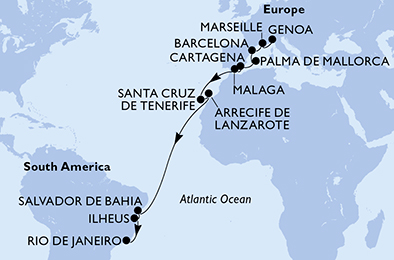 18 Night Transatlantic Cruise on MSC Seaview Departing Genoa itinerary map