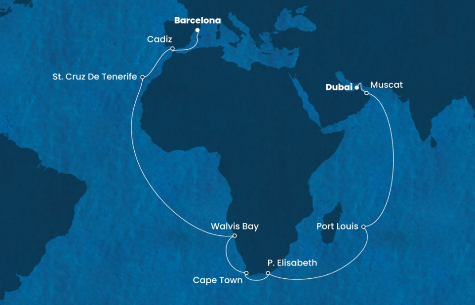 35 Night Repositioning Cruise On Costa Smeralda Departing From Barcelona itinerary map