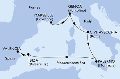 6 Night Mediterranean Cruise On MSC Seashore Departing From Marseille itinerary map